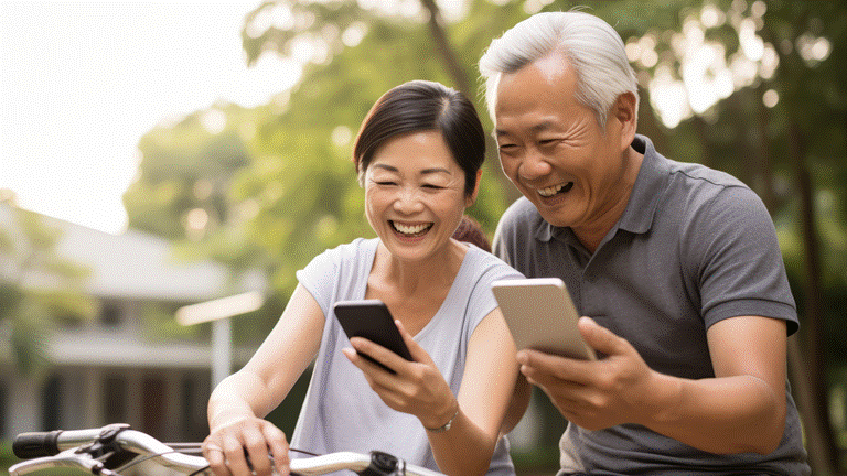 an old asian couple using their smartphones